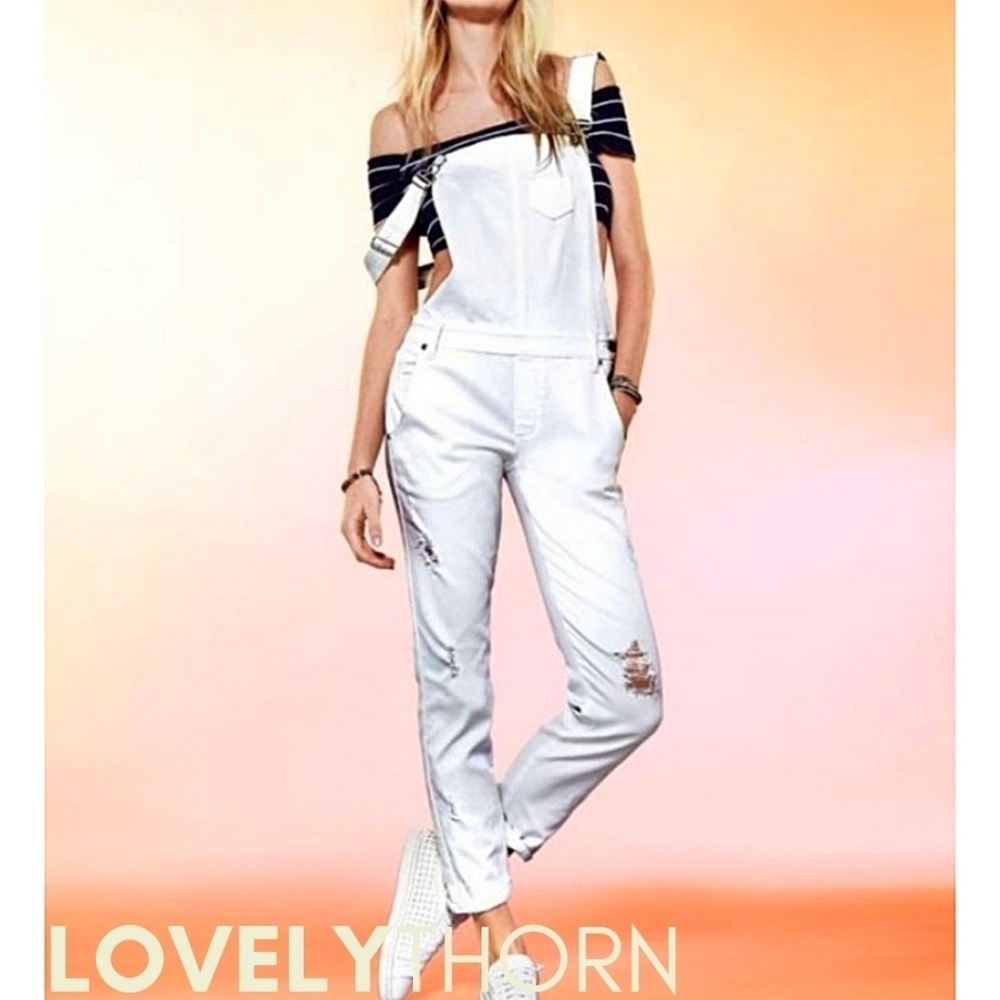 PISTOLA // white distressed convertible stretch denim overalls